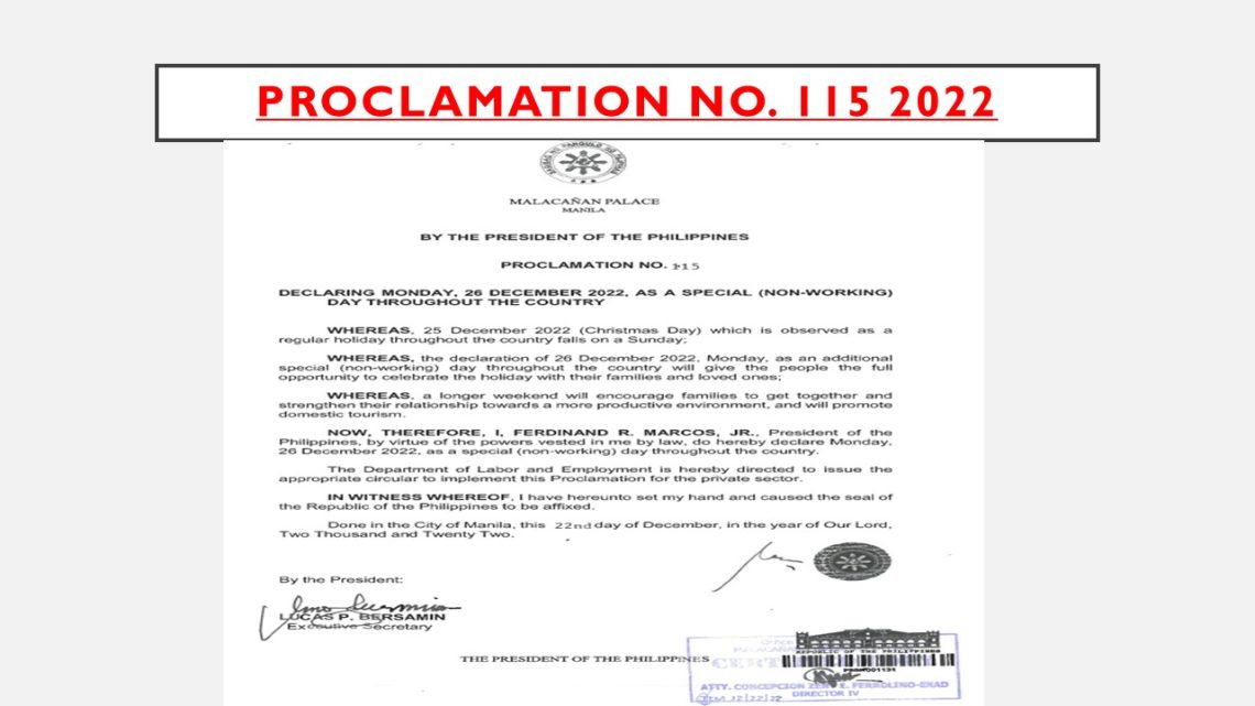 proclamation no. 115 2022 Dec 26 Special Holiday Philippines Official