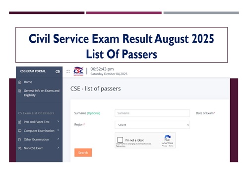 Civil Service Exam Result Aug 10, 2025 List Of Passers www.csc gov ph